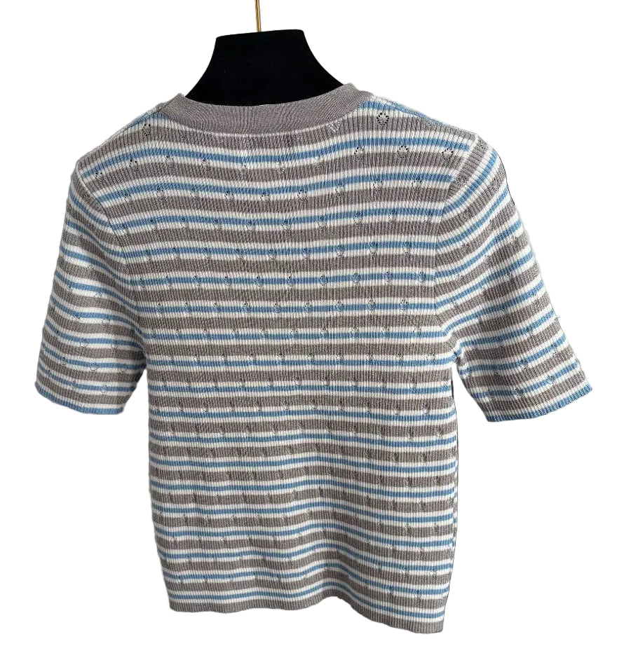 Women's Striped Short Sleeve Mock Neck Contemporary Knit Sweater Top