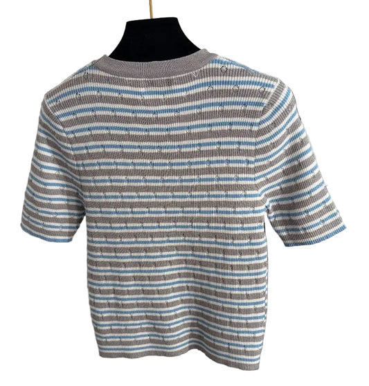 Women's Striped Short Sleeve Mock Neck Contemporary Knit Sweater Top