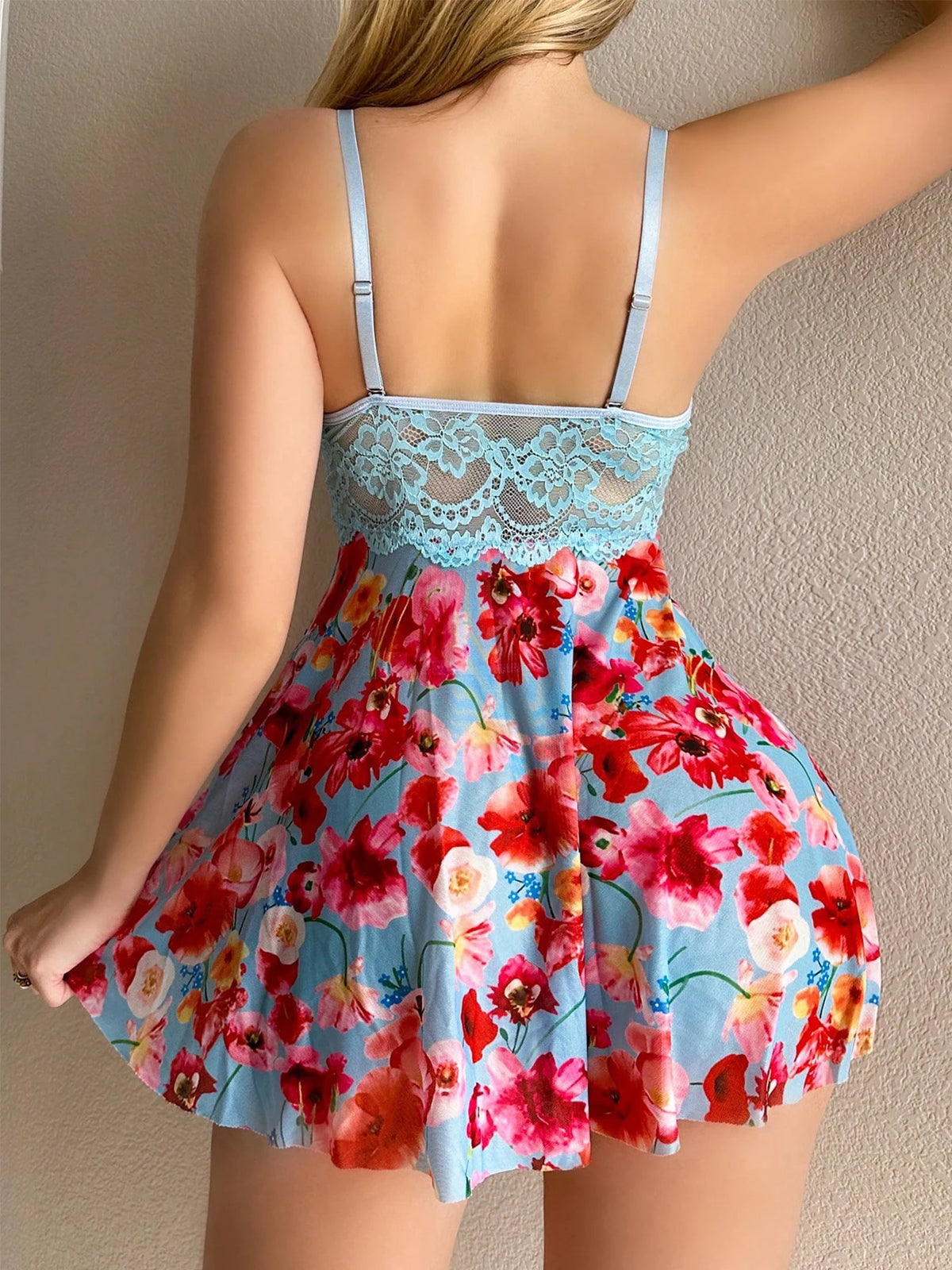 Floral Print Underwire Babydoll Nightgown with Lace Bodice and Flared Skirt