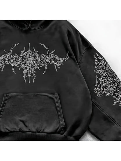 Distressed Anime Goth Pullover Hoodie with Shadow Graphic Streetwear Style