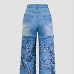 Women's Low-Rise Wide-Leg Denim Jeans with Decorative Lace Panel Details and Relaxed Fit