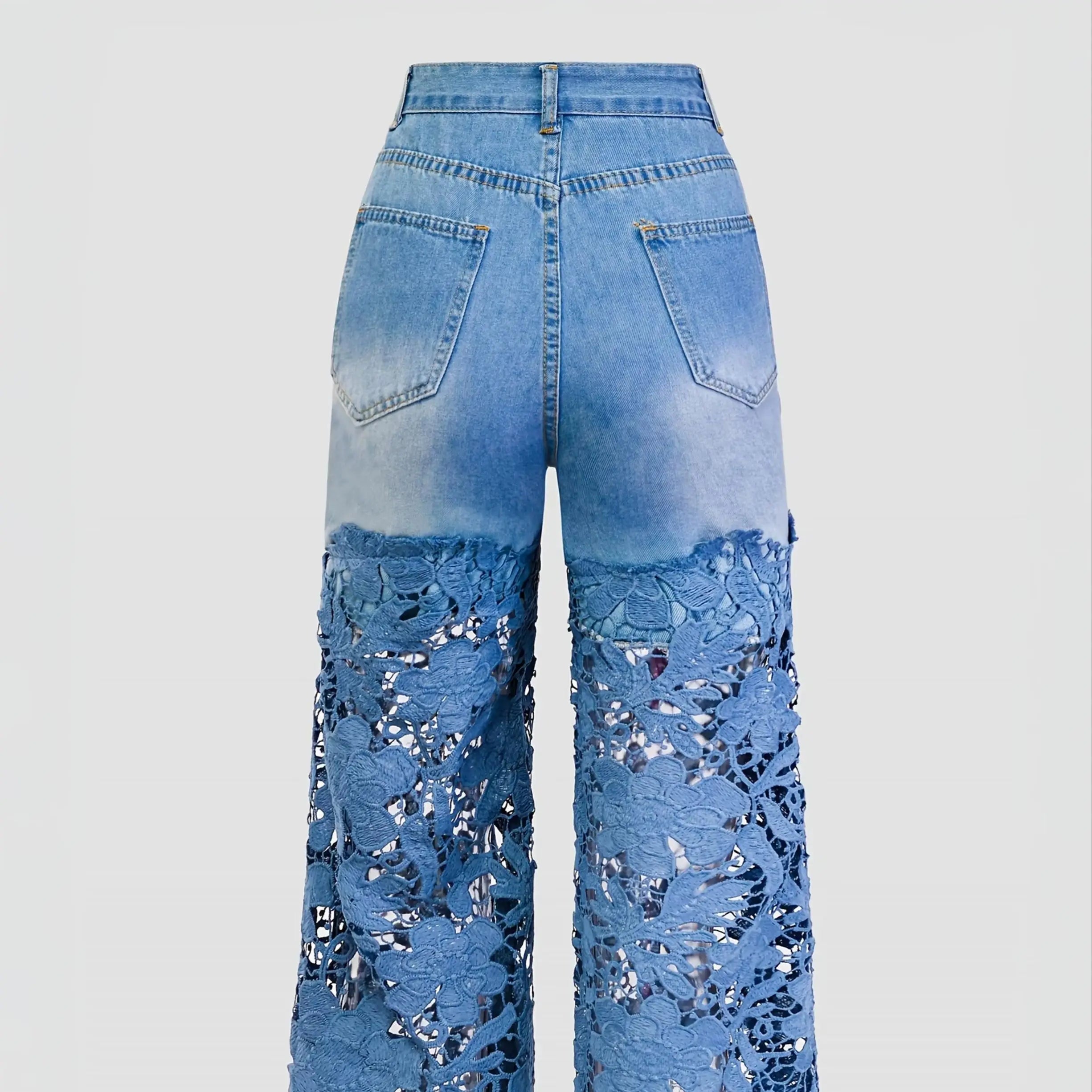 Women's Low-Rise Wide-Leg Denim Jeans with Decorative Lace Panel Details and Relaxed Fit