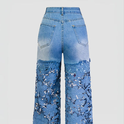 Women's Low-Rise Wide-Leg Denim Jeans with Decorative Lace Panel Details and Relaxed Fit