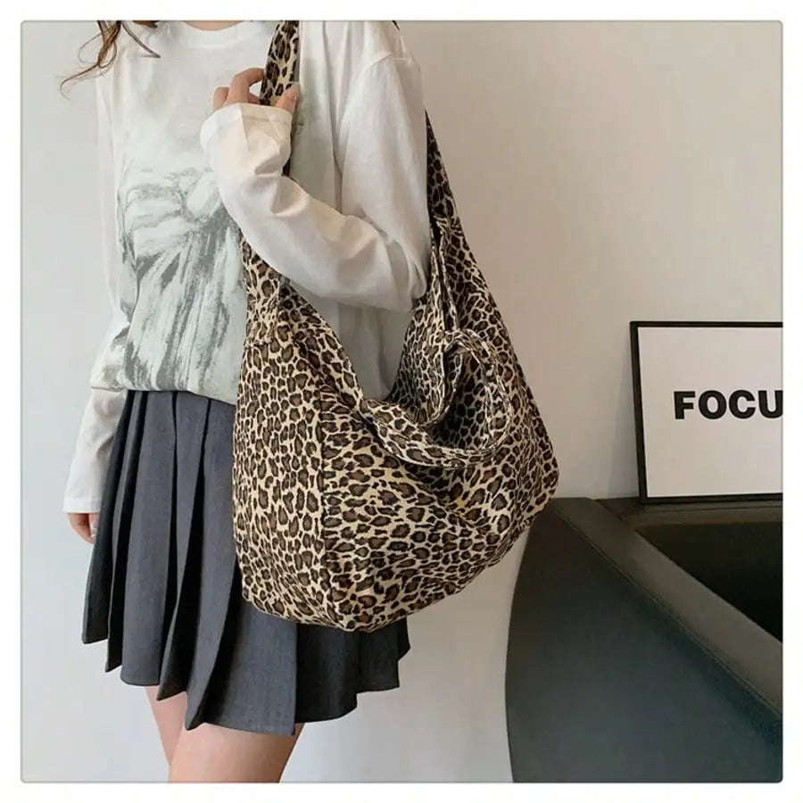 Leopard Print Canvas Tote Shoulder Bag with Minimal Commuter Styling
