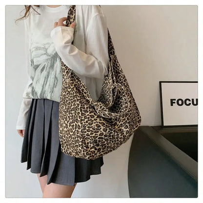 Leopard Print Canvas Tote Shoulder Bag with Minimal Commuter Styling
