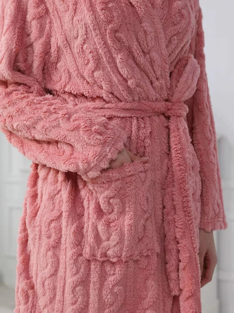 Pink Hooded Plush Robe with Tie Waist, Long Sleeves and Soft-Looking Coral Fleece Finish for Relaxed Homewear