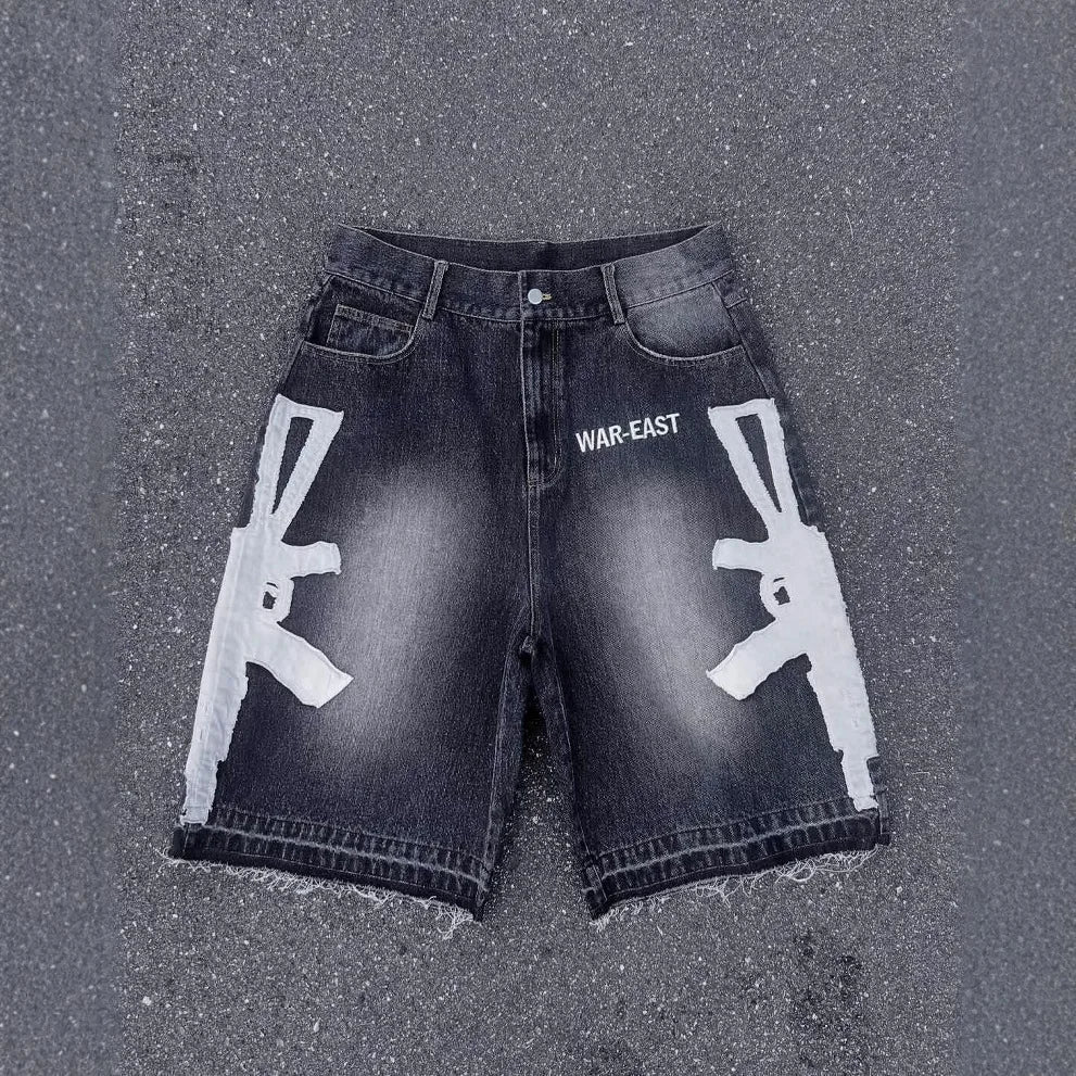 Men's Relaxed Knee Length Distressed Denim Shorts with Graphic Print and Casual Streetwear Fit