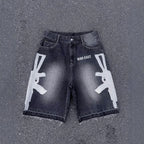 Men's Relaxed Knee Length Distressed Denim Shorts with Graphic Print and Casual Streetwear Fit