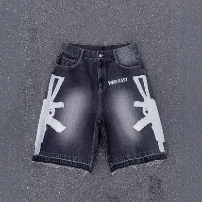 Men's Relaxed Knee Length Distressed Denim Shorts with Graphic Print and Casual Streetwear Fit