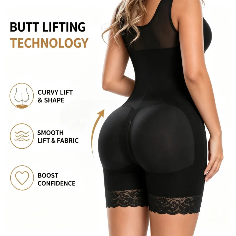 Classic V-Neck Mid-Thigh Shaper with Hook Closure and Sheer Leg Accents