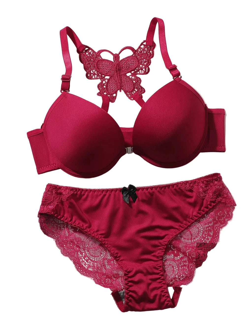 Crimson Red Smooth Underwire Bra Set with Intricate Butterfly Lace Racerback