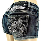 Women's Distressed Denim Shorts with Embroidered Pocket Details and Studded Casual Streetwear Style