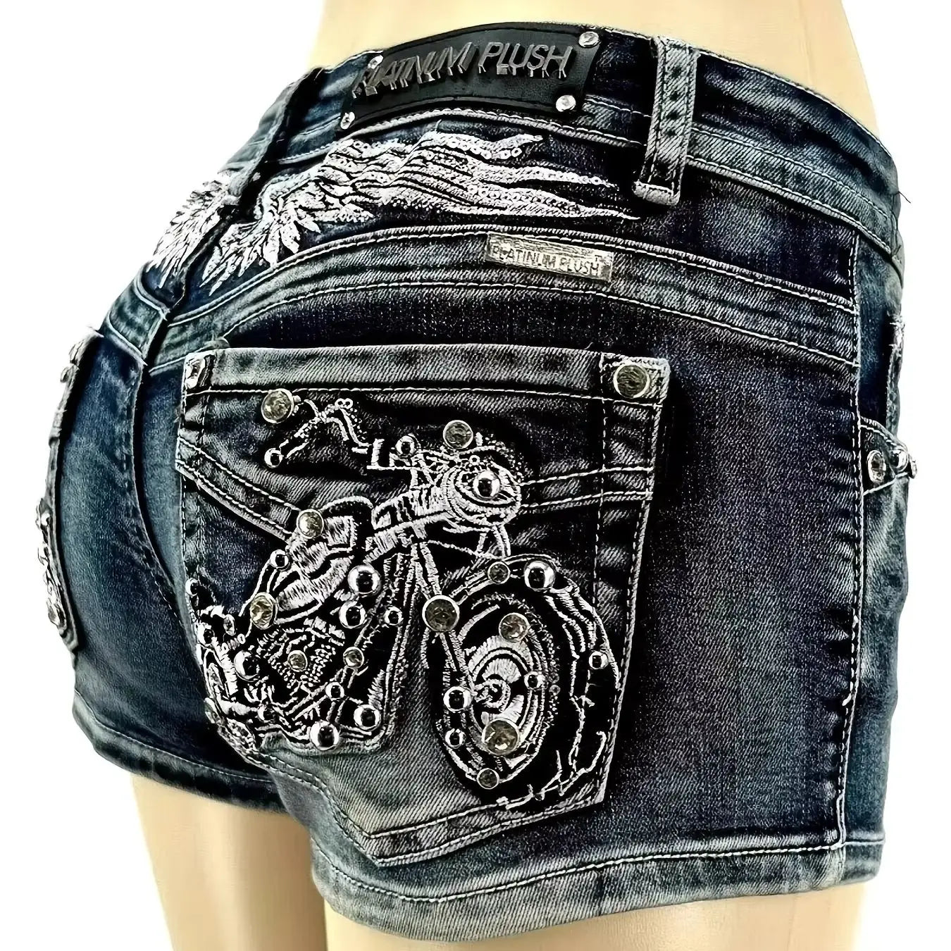 Women's Distressed Denim Shorts with Embroidered Pocket Details and Studded Casual Streetwear Style