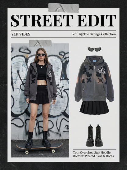 Women's Oversized Zip-Up Hoodie with Embroidered Graphic Streetwear Relaxed Everyday Fit