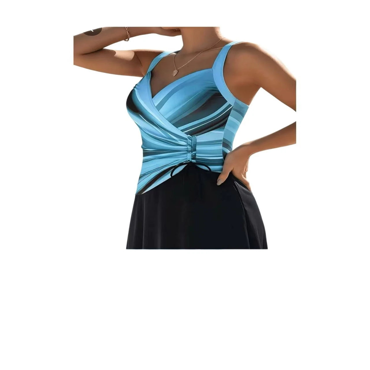 Blue Gradient Print Skirted One-Piece Swimdress with V-Neck, Drawstring Ruched Detail and Modest Plus-Size Beachwear Styling