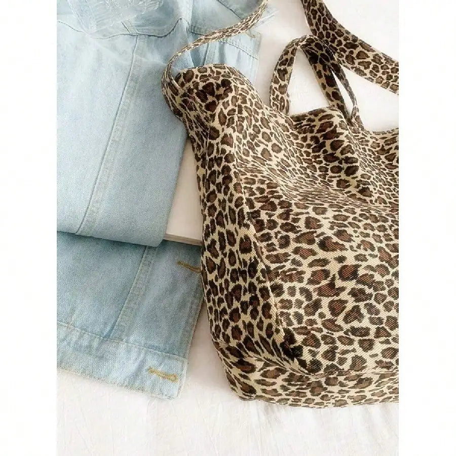 Leopard Print Canvas Tote Shoulder Bag with Minimal Commuter Styling
