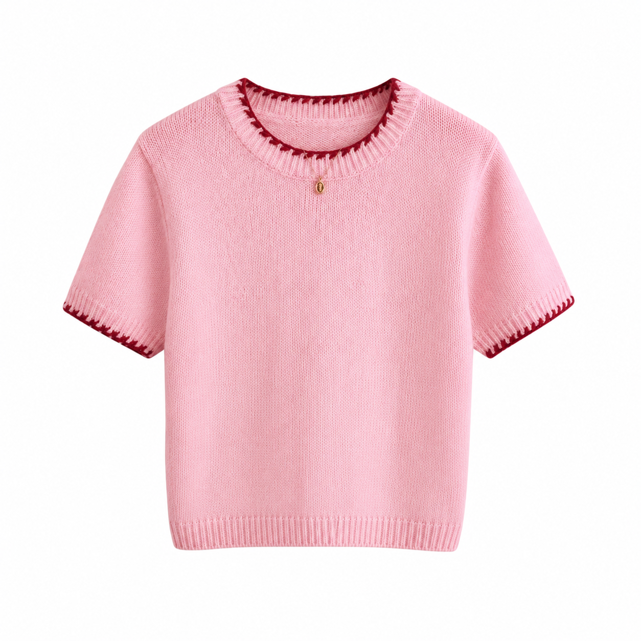 Women's Contrast Trim Short Sleeve Knit Sweater with Relaxed Retro Cropped Silhouette