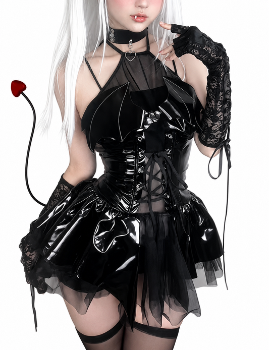 Gothic Vinyl Corset Mini Dress with Layered Alternative Fashion Silhouette