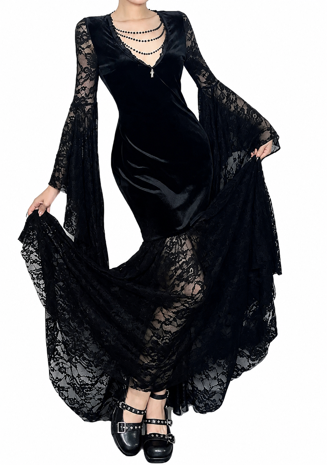 Flowing Gothic Velvet Dress with Dark Alternative Streetwear Elegance