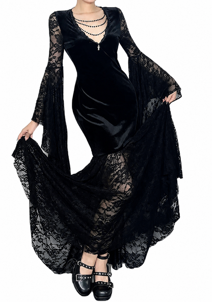 Flowing Gothic Velvet Dress with Dark Alternative Streetwear Elegance