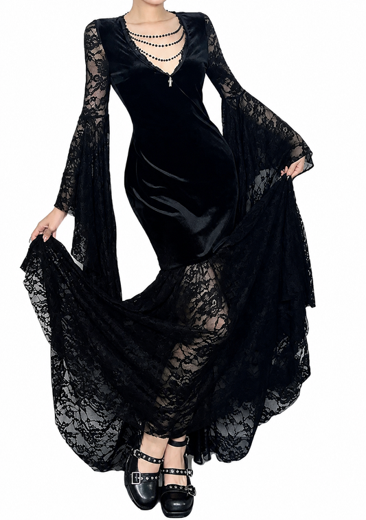 Flowing Gothic Velvet Dress with Dark Alternative Streetwear Elegance