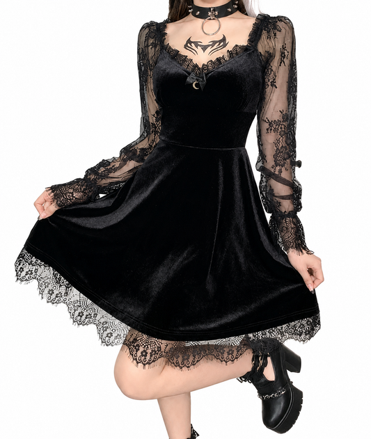 Velvet Gothic Skater Dress with Lace Sleeves and Dark Romantic Style