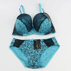 Bold Crimson and Black Floral Lace Push-Up Bra and Panty Set