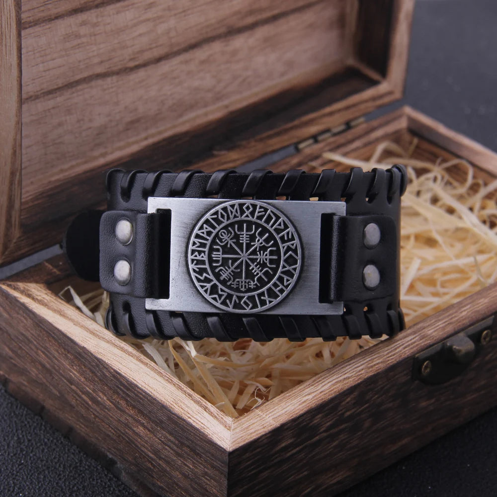 Wide Punk Braided Cuff Bracelet with Rugged Nordic Inspired Detailing