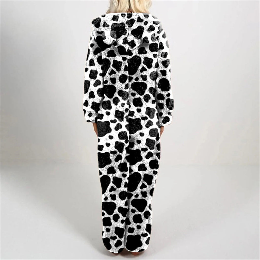 Plush Tiger Stripe Hooded Onesie Pajamas for Women, Long-Sleeve Full-Length Fleece Jumpsuit with Cozy Animal Print