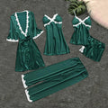 Striking 5-Piece Emerald Green Loungewear Set with Contrast White Lace Detailing