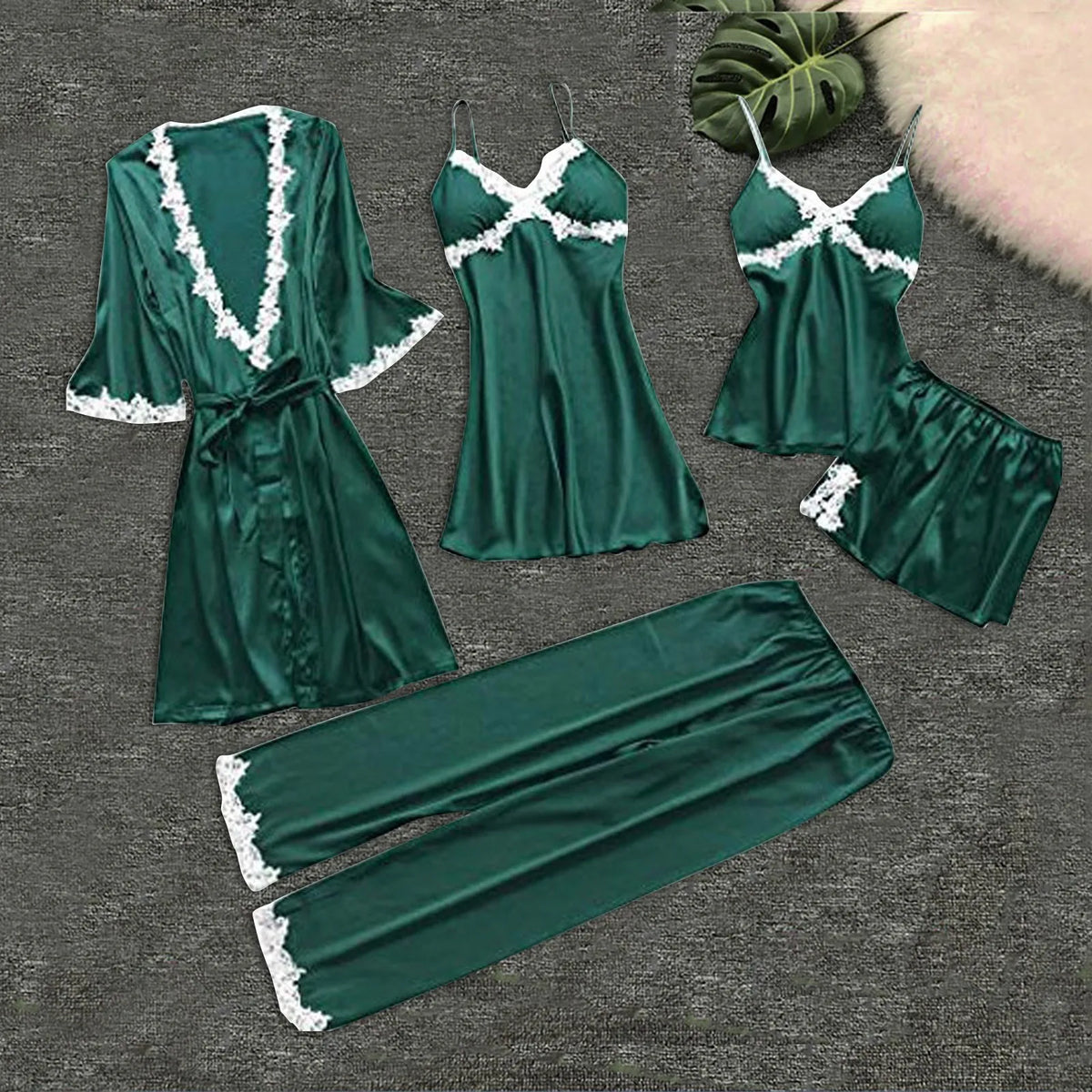 Striking 5-Piece Emerald Green Loungewear Set with Contrast White Lace Detailing