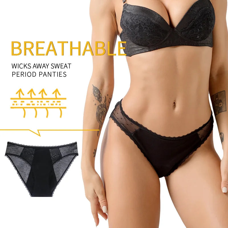 Five-Piece Black Menstrual Brief Set with Sheer Mesh Panels and Travel Bags