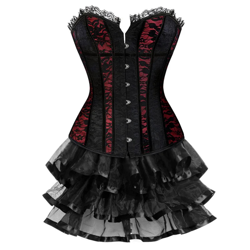 Dramatic Red and Black Lace Overbust Corset with Sweetheart Neckline and Front Busk