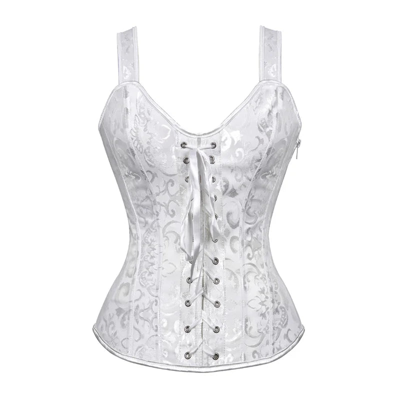 Red and Black Polka Dot Overbust Corset with Lace Overlay and Ruffled Trim