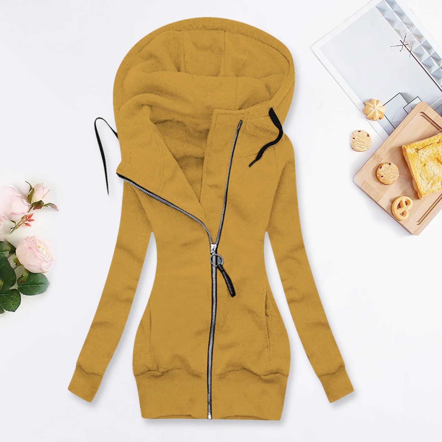 Women's Long Hooded Zip Jacket with Slim Fit Everyday Streetwear Layering Design