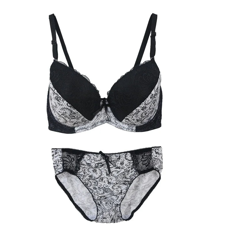 Bold Crimson and Black Floral Lace Push-Up Bra and Panty Set