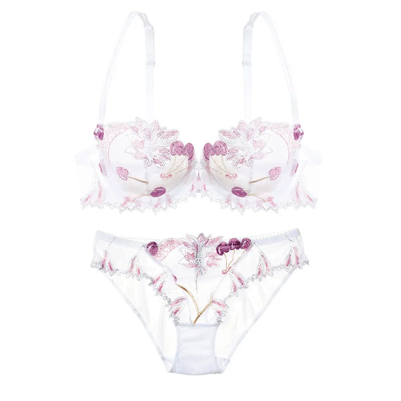 Ethereal Light Blue Sheer Mesh and Floral Embroidery Lingerie Set