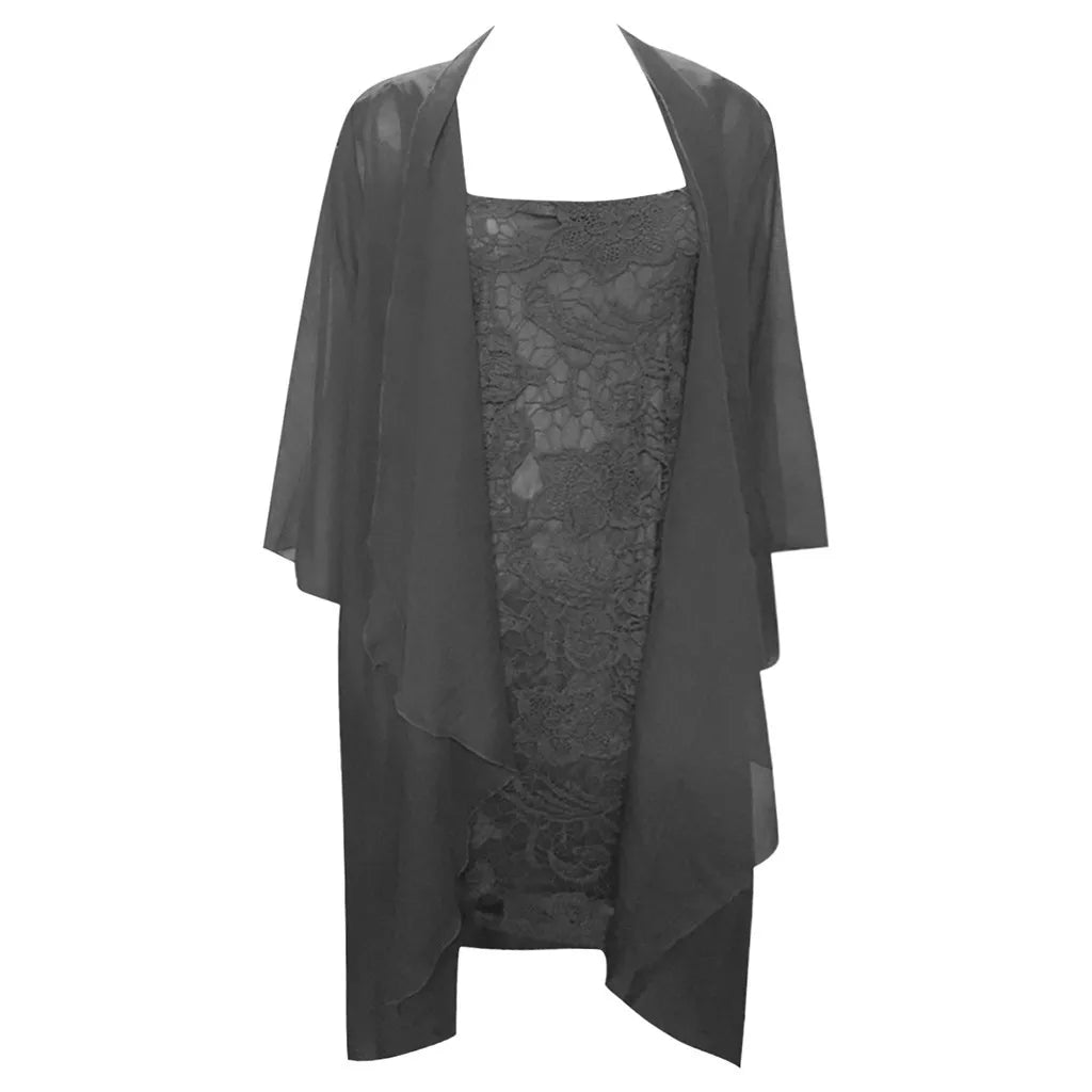 Elegant Two-Piece Lace Midi Dress and Flowing Sheer Duster Jacket Set