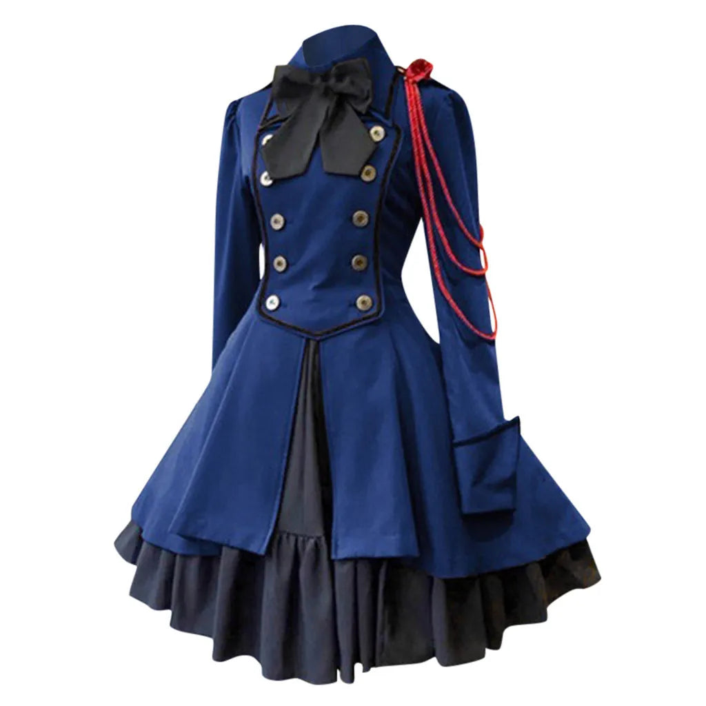 Black Gothic-Inspired Coat Dress with Cream Layered Skirt and Red Shoulder Detail