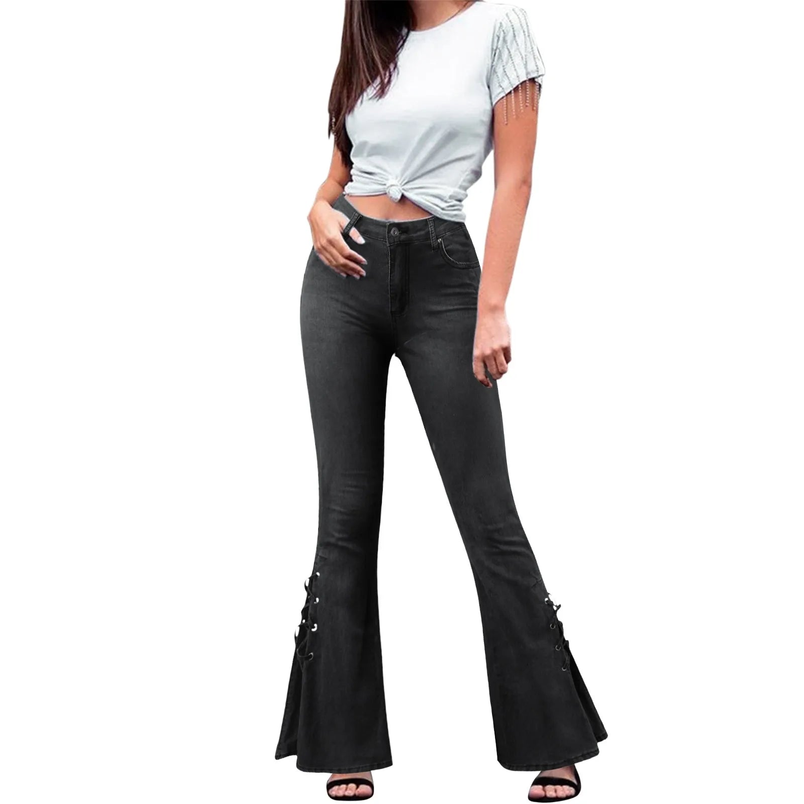 Women's High Waist Flared Stretch Denim Jeans with Lace-Up Streetwear Bell Bottom Style