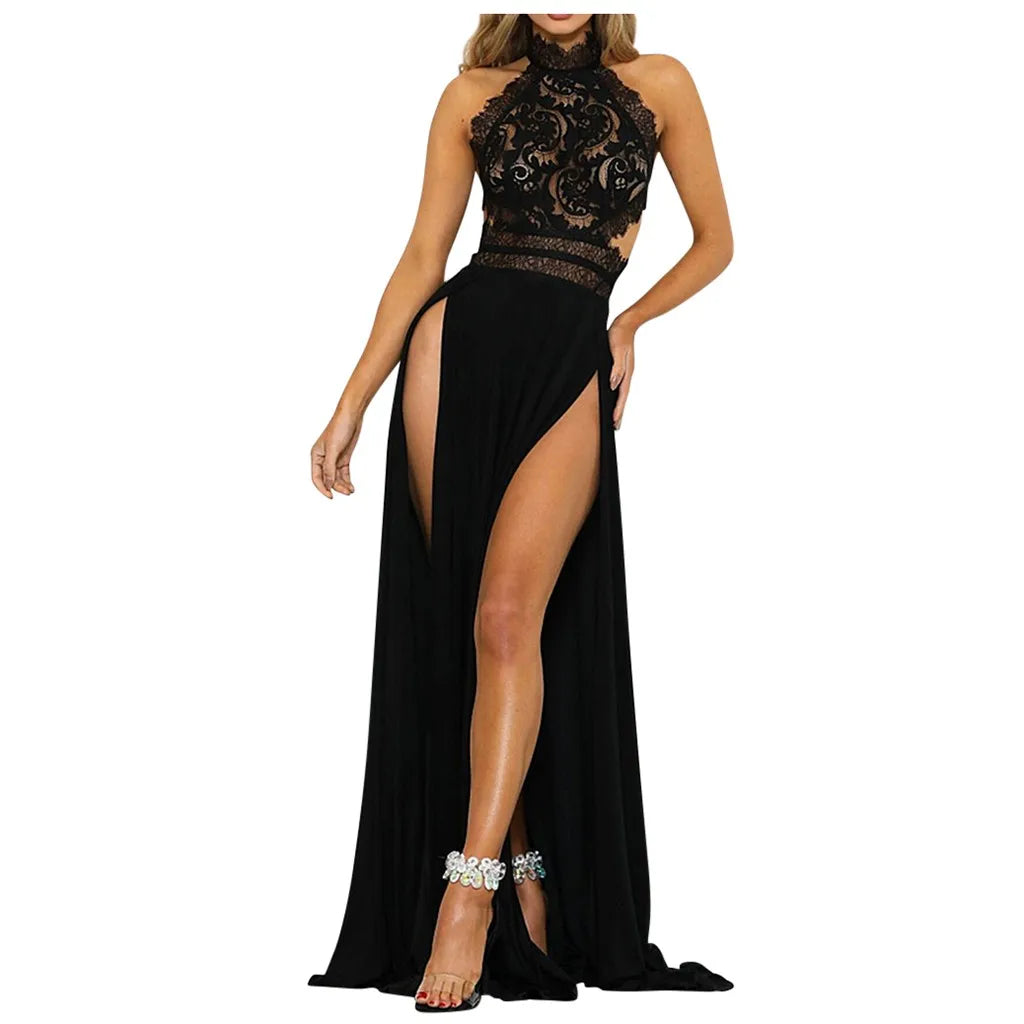 Dramatic Lace Halter Maxi Dress with Sheer Waist and Double High Slits