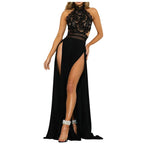 Dramatic Lace Halter Maxi Dress with Sheer Waist and Double High Slits