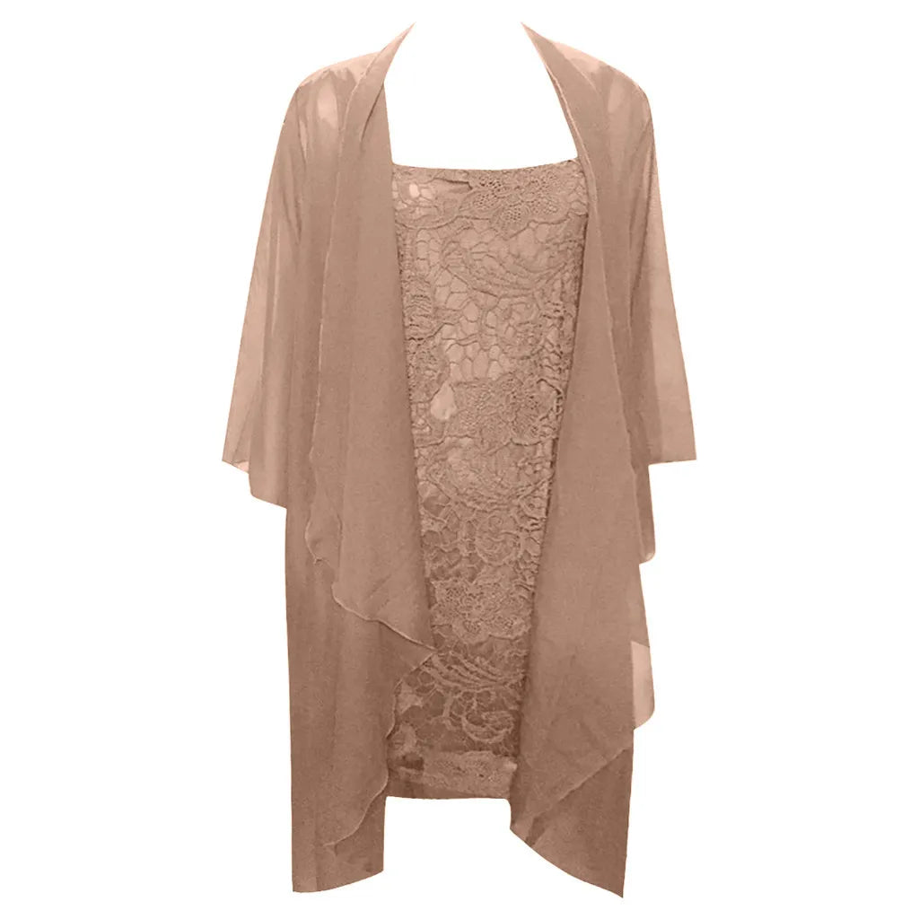Elegant Two-Piece Lace Midi Dress and Flowing Sheer Duster Jacket Set