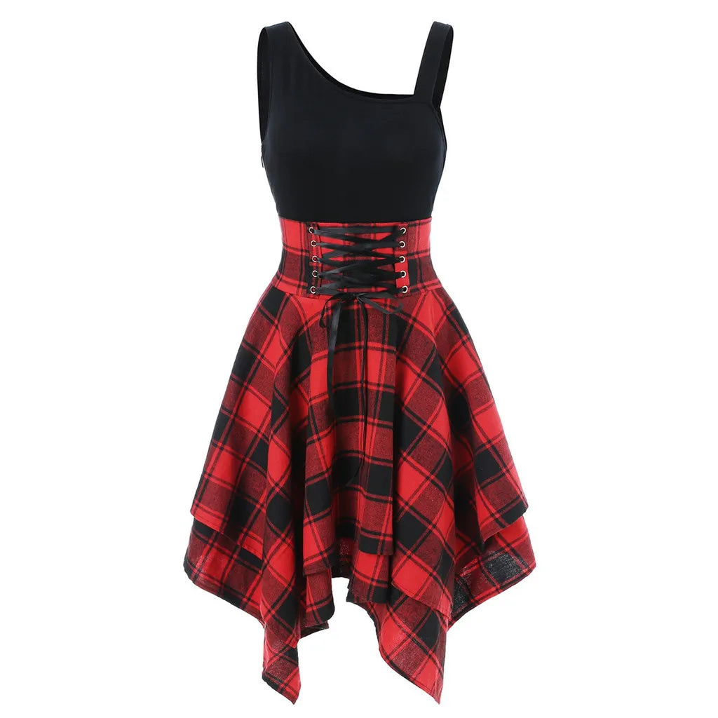 Plaid Handkerchief Hem Mini Dress with Sleeveless Bodice and Retro Styling