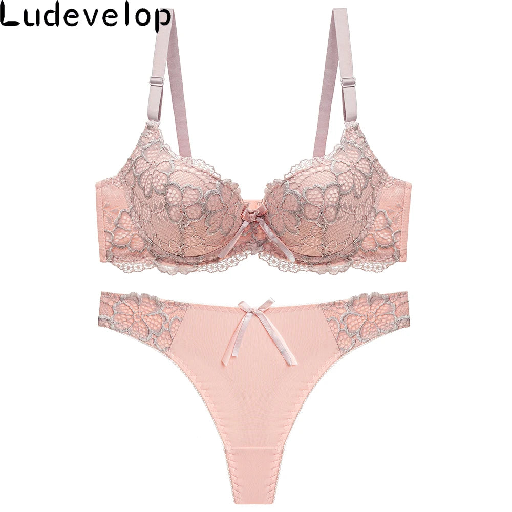 Sophisticated Two-Tone Floral Lace Push-Up Bra and Thong Ensemble