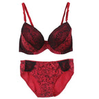 Bold Crimson and Black Floral Lace Push-Up Bra and Panty Set