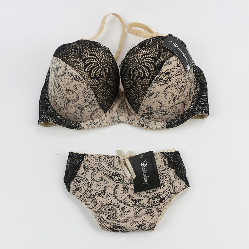 Bold Crimson and Black Floral Lace Push-Up Bra and Panty Set