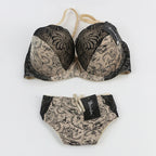 Bold Crimson and Black Floral Lace Push-Up Bra and Panty Set
