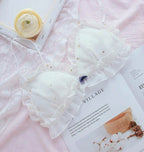 Black Star Print Wire-Free Bra and Ruffled Panty Set with Gold Accents