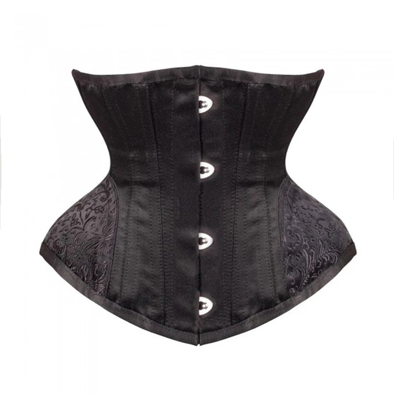 Classic Black Underbust Corset with Metal Busk and Floral Jacquard Panels